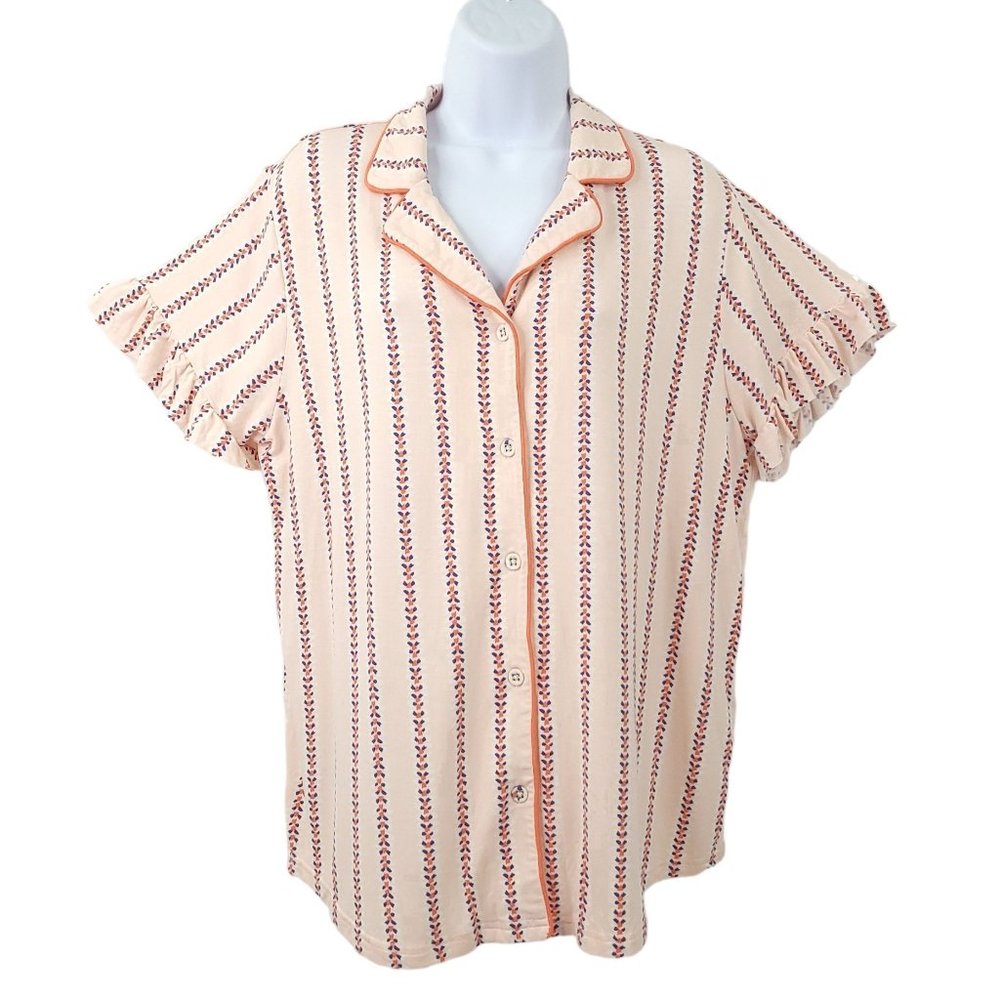 Matilda Jane Button Front Striped Pajama Top Womens Size L Ruffle Sleeve Pink